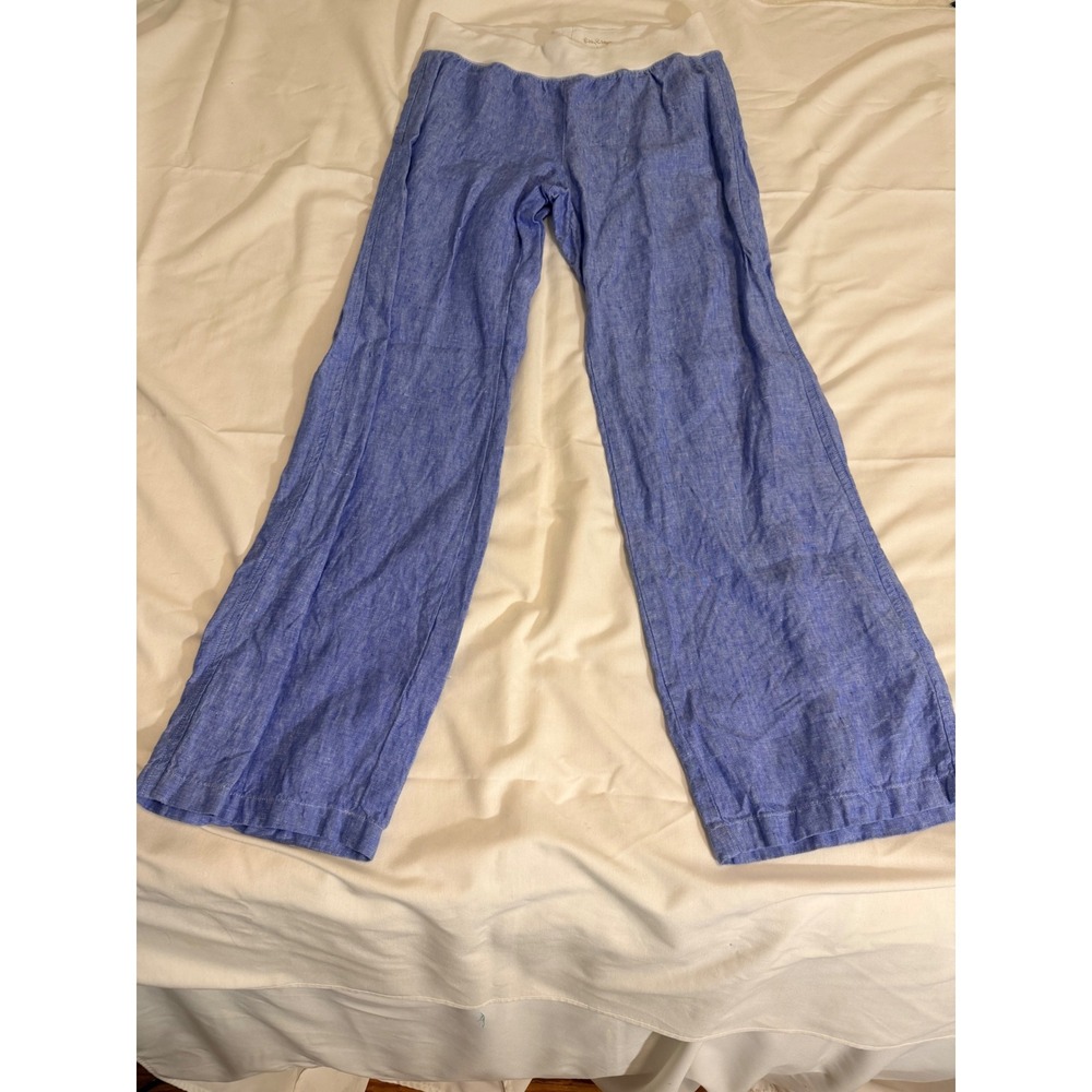 Lilly Pulitzer Blue Linen Wide Leg Beach Pants White Knit Waistband Large